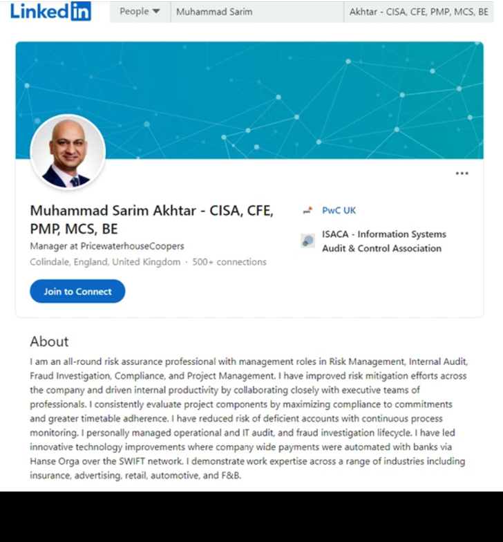 Ông hiện là một trong những lãnh đạo của PwC tại Anh - một công ty kiểm toán trong "tứ trụ" hàng đầu thế giới hiện nay cùng với Deloitte, Ernst &amp; Young và KPMG.