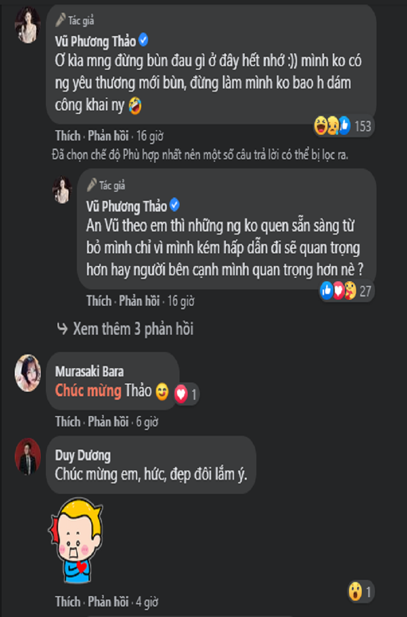 Netizen bày tỏ sự vui mừng trước tin vui của Vũ Phương Thảo. Bên cạnh đó, có nhiều fan nam tỏ ra tiếc nuối khi bông hồng đã có chủ.