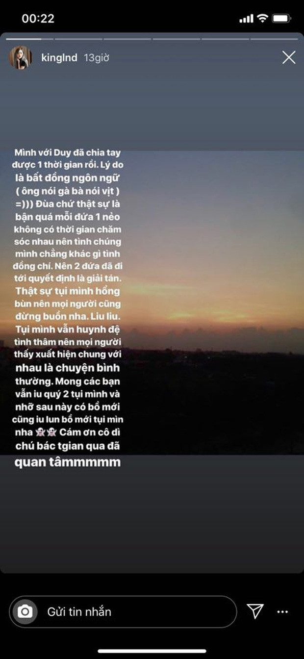 Thế nhưng, sau hơn 1 năm quen nhau, cả hai đã chính thức "đường ai nấy đi". Lý do chia tay được Linh Ngọc Đàm chia sẻ trên story Instagram.