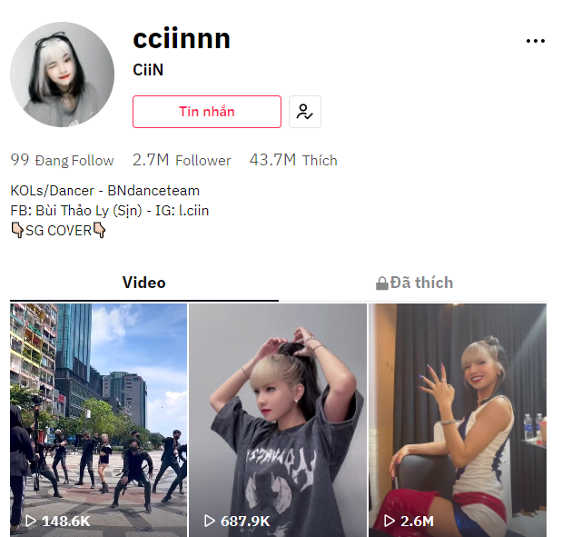 Trước khi nổi đình đám sau khi xuất hiện trên truyền hình với vai trò cầm bảng tại Rap Việt mùa 2, Ciin đã là một hot girl, dance có tiếng trên mạng xã hội. Tài khoản của cô nàng sở hữu thành tích đáng nể với 2,7 triệu người theo dõi.