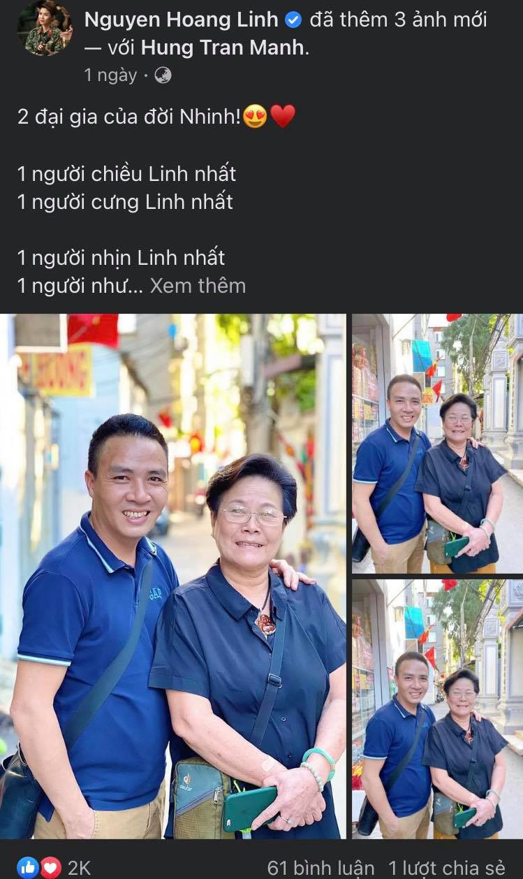 Mới đây, MC Hoàng Linh đã chia sẻ hình ảnh của 2 "đại gia" của cuộc đời cô. Đó là mẹ ruột và ông xã Mạnh Hùng.