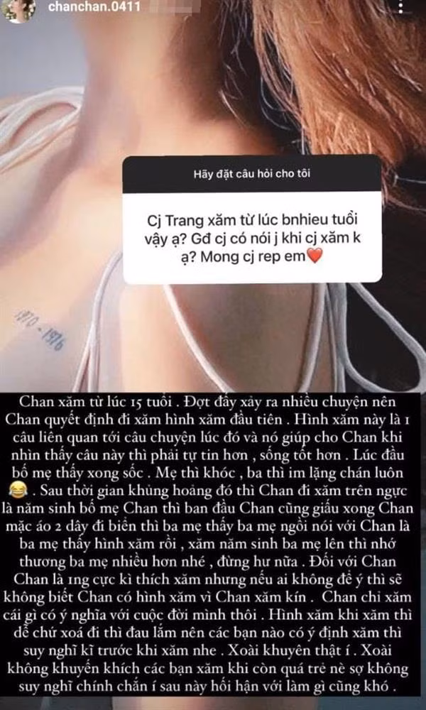 Được biết, hình xăm trên ngực trái của cô nàng là năm sinh của bố mẹ hot girl Gen Z. Cô quyết định xăm năm sinh của đấng sinh thành trên ngực để nhắc nhở bản thân phải yêu thương, không được làm bố mẹ bận tâm thêm.