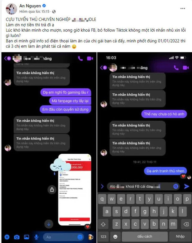 Nữ streamer Mòe 1M77 đã lên tiếng tố cáo cựu tuyển thủ Liên Quân trốn nợ và có động thái khóa Facebook để tránh trách nhiệm.