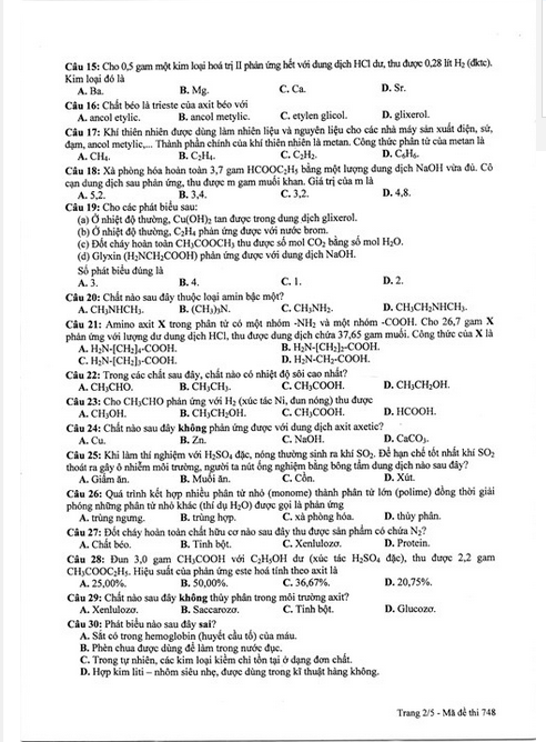 Đề thi THPT quốc gia môn Hóa học năm 2015 mã đề 748và đáp án - Hình 2 De thi THPT quoc gia mon Hoa hoc nam 2015 ma de 748va dap an-Hinh-2