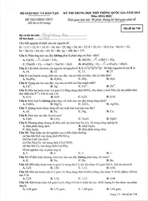 Đề thi THPT quốc gia môn Hóa học năm 2015 mã đề 748và đáp án De thi THPT quoc gia mon Hoa hoc nam 2015 ma de 748va dap an