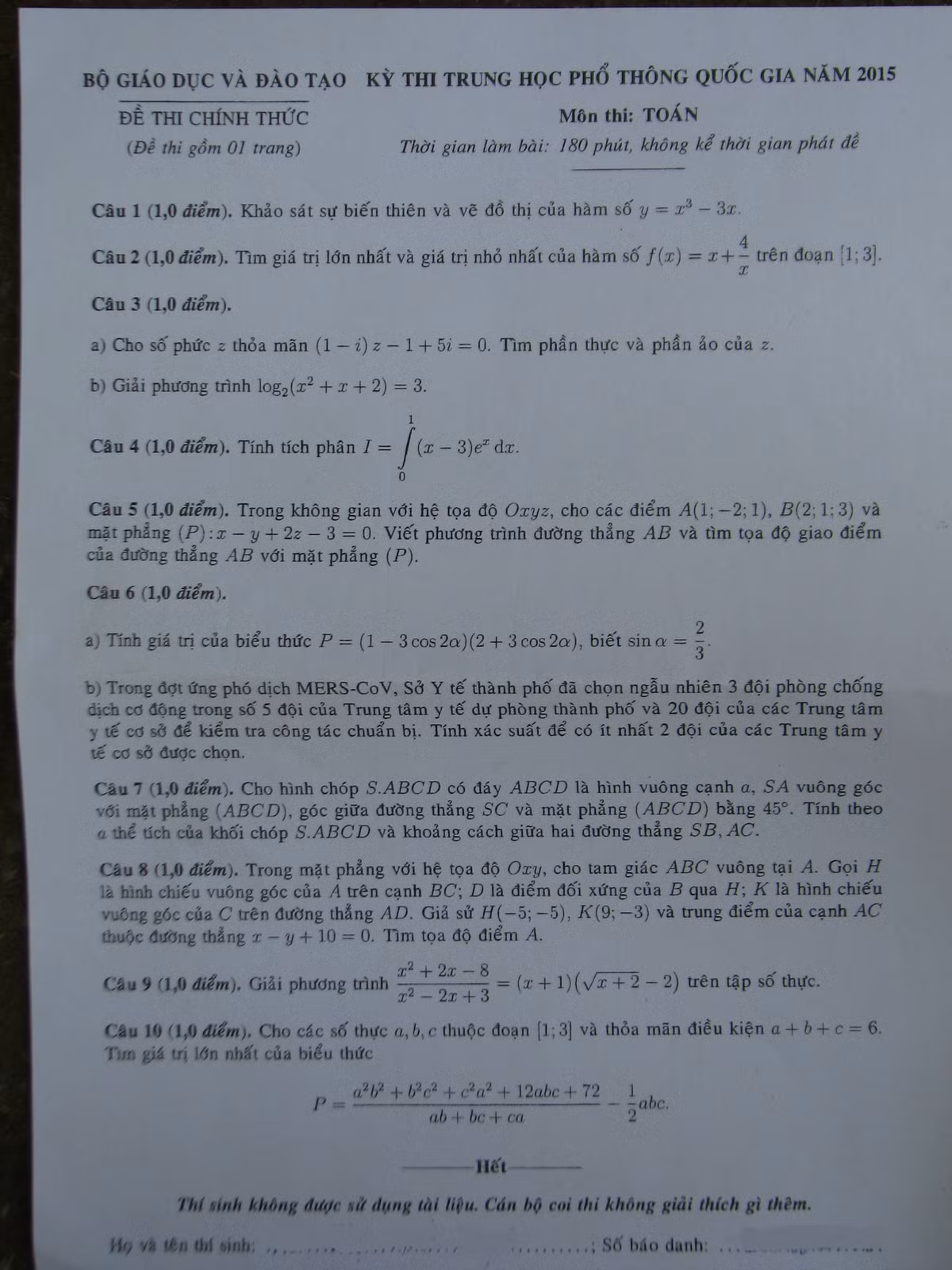 De thi THPT quoc gia mon Toan chinh thuc nam 2015