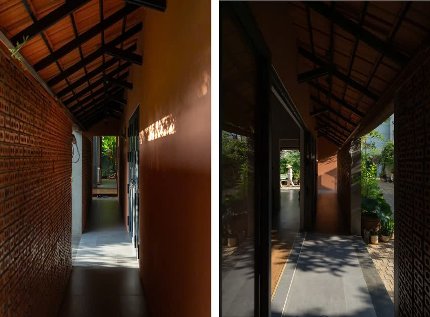 Các bức tường gạch thẻ rỗng như những tấm phên chạy dọc công trình, là màn lọc không khí, tránh các tác động xấu lên ngôi nhà.