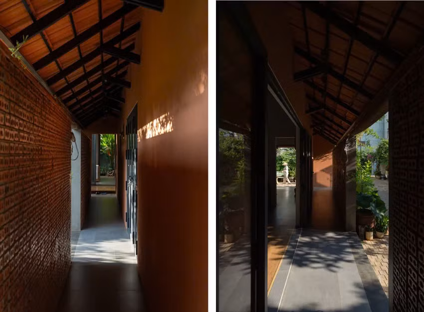 Các bức tường gạch thẻ rỗng như những tấm phên chạy dọc công trình, là màn lọc không khí, tránh các tác động xấu lên ngôi nhà.