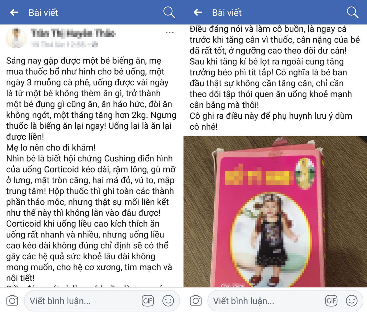 Thông tin về bé uống thuốc biếng ăn gặp phải hội chứng Cushing được lan truyền trên mạng xã hội.