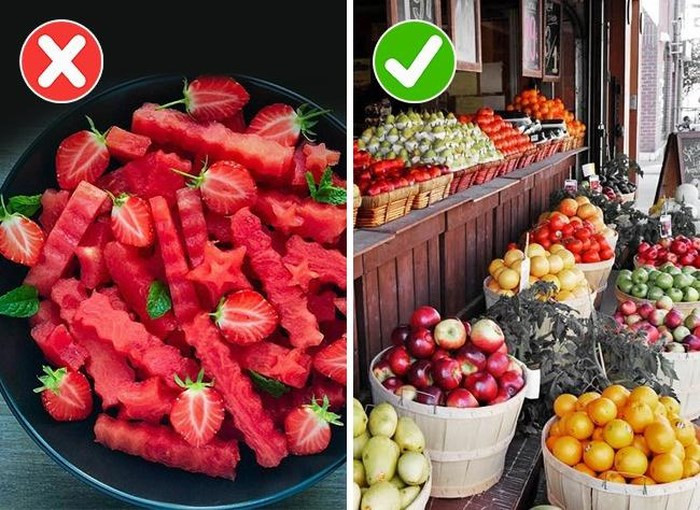 7. Hoa quả cắt sẵn Trái cây và rau được bày bán trong trạng thái đã được rửa và cắt chắc chắn phải trải qua bàn tay của nhiều người. Càng nhiều người tiếp xúc với thức ăn, cơ hội nó chứa vi khuẩn càng gia tăng. Hãy tự mua những trái cây tươi và tự tay cắt chúng ra.