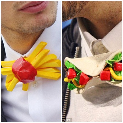 Nhà thiết kế cũng phục vụ cánh đàn ông bằng những chiếc nơ thắt cà vạt hình khoai tây chiên kiểu pháp hay chiếc kẹo hết sức ngọt ngào.