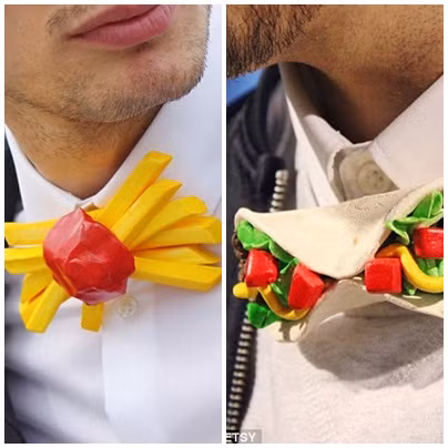 Nhà thiết kế cũng phục vụ cánh đàn ông bằng những chiếc nơ thắt cà vạt hình khoai tây chiên kiểu pháp hay chiếc kẹo hết sức ngọt ngào.