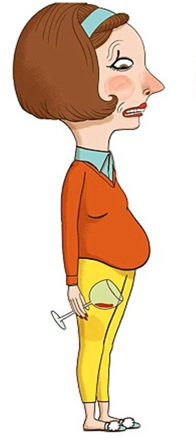 Bụng rượu (bụng quả táo). Nhô ra phía trước nhưng mỡ ở phía dưới bụng và hông rất ít. Nguyên nhân của tình trạng này là do bạn uống rượu bia nhiều hoặc ăn quá nhiều carbonhydrat tinh chế. Theo một nghiên cứu mới đây, chị em uống hơn 12 cốc trong 1 lần, ít nhất tháng 1 lần sẽ tăng thêm 4 inch vòng bụng, so với những người không uống.