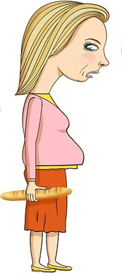 Bụng bánh mì (đầy hơi). Bụng này thường phình to sau bữa ăn. Một trong những nguyên nhân chính là thực phẩm bị phân hủy khi đi qua ruột. Vi khuẩn ăn những đồ phân hủy đó và tạo đến 8 lít khí. Tuy nhiên, cũng có thể do đường ruột của bạn khó khăn trong quá trình loại bỏ thực phẩm rác và nó bắt đầu lên men tạo thành khí trong thành bụng.