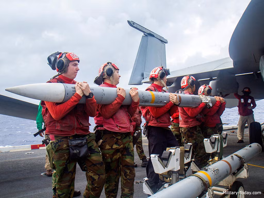 Các phiên bản AIM-120 nhìn chung đều có kích thước tương đương nhau, sự khác biệt chủ yếu nằm ở những cải tiến động cơ, thuốc phóng, hệ thống dẫn đường... AIM-120 có trọng lượng 152kg, dài 3,7m, đường kính thân 180mm. Ảnh: Các kỹ thuật viên trên tàu sân bay Mỹ đang chuẩn bị đưa quả đạn AIM-120 vào giá phóng trên tiêm kích F/A-18.