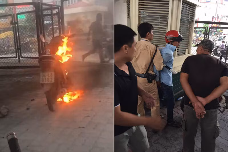 Lý giải về hành vi tự châm lửa đốt xe máy, Q. nói rằng vì chiếc xe này đã vi phạm giao thông nhiều lần và số tiền phải nộp phạt nhiều hơn giá trị hiện tại của chiếc xe. Ảnh: Dân Việt.