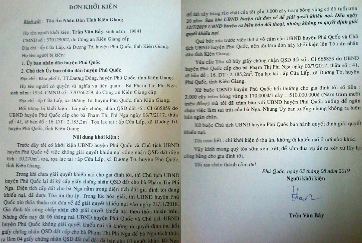 Đơn khởi kiện của ông Bảy.