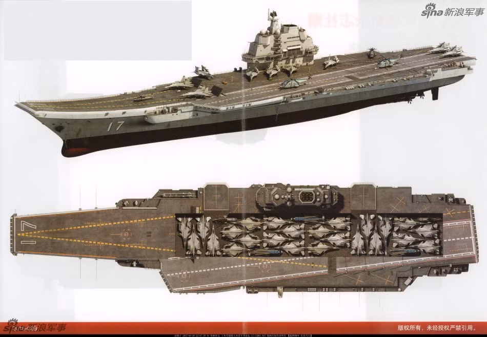 Với thiết kế như vậy, để tối ưu hóa số lượng máy bay chiếc tàu sân bay này có thể mang được thì rất có khả năng các máy bay chiến đấu J-15 của Trung Quốc sẽ được xếp đan xen nhau kín đặc phía dưới boong tàu. Cách sắp xếp này mặc dù tiết kiệm diện tích nhưng sẽ rất tốn thời gian khi muốn triển khai máy bay lên boong. Nguồn ảnh: Sina.