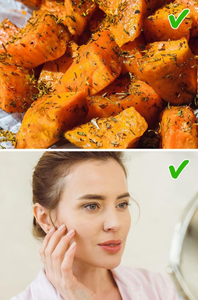 Khoai lang: Retinol và beta-carotene trong khoai lang hoạt động như một hàng rào bảo vệ ngăn ngừa tình trạng đổi màu da, viêm nhiễm và tắc nghẽn lỗ chân lông do các gốc tự do gây ra. Retinol là thành phần chính trong các sản phẩm làm đẹp giúp chống lại tăng sắc tố da, mụn trứng cá và nếp nhăn hay sẹo.
