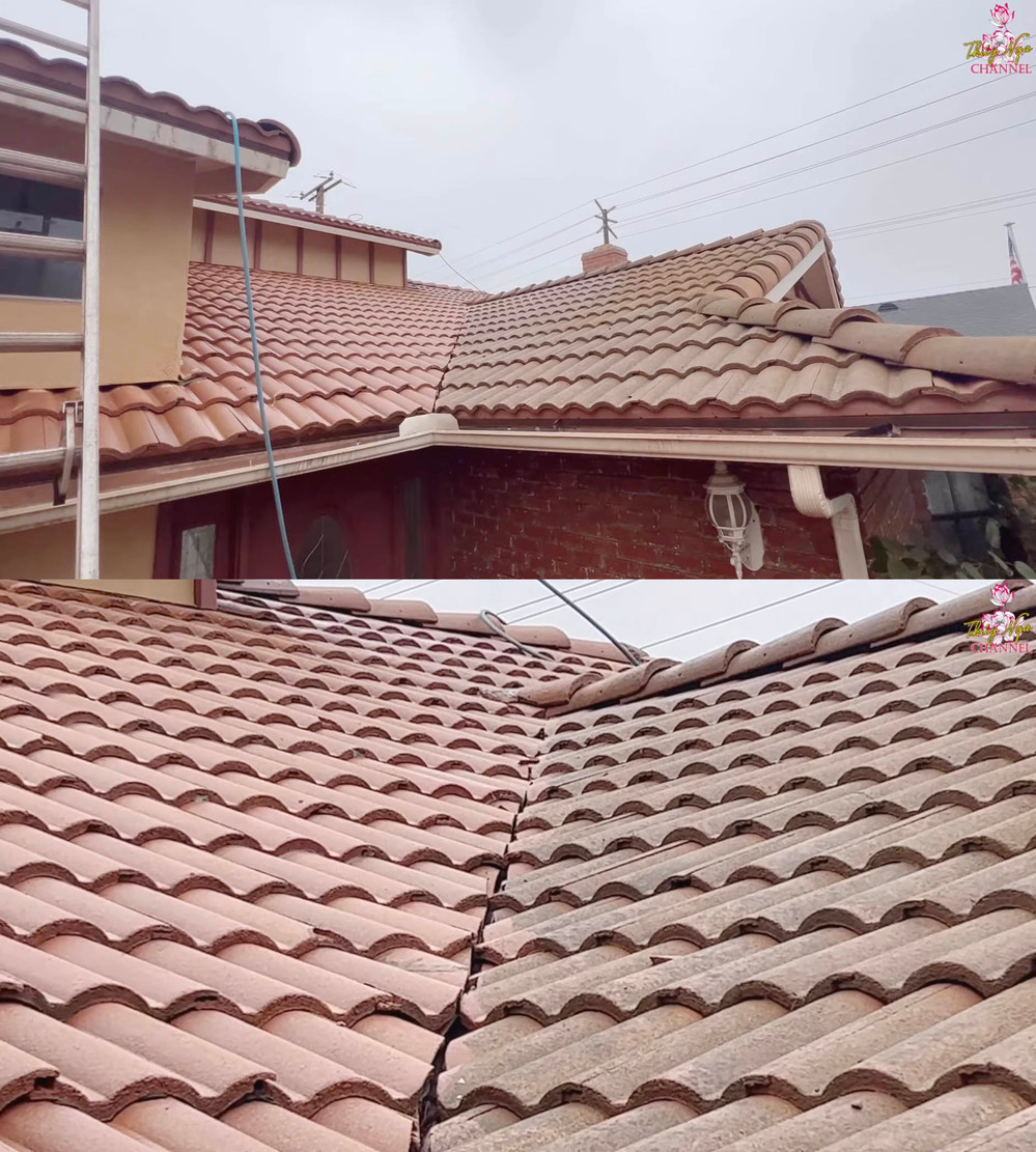 Mái ngói trước và sau khi đã được làm sạch.