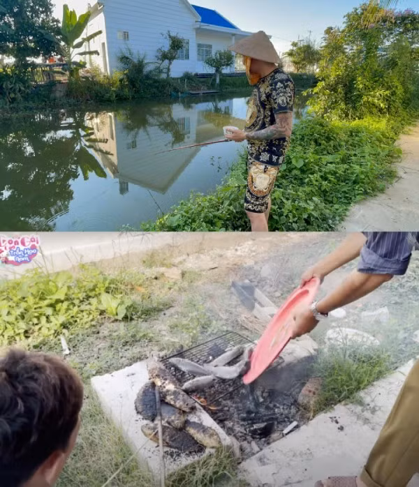 Mỗi ngày, nam ca sĩ cùng hai con trai đi thả diều, ra hồ câu cá, nhóm lửa tại chỗ để thưởng thức. Ảnh: Chụp màn hình