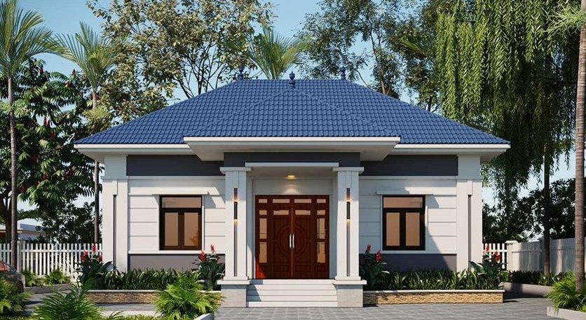 Mẫu nhà cấp 4 thiết kế đối xứng hoàn hảo từ cột, cửa sổ cho đến bồn hoa hai bên nhà. Ảnh: Houseviet