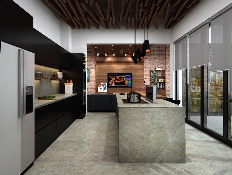 Phòng bếp thiết kế rộng, thoáng với đảo bếp lớn. Ảnh: Dân Việt