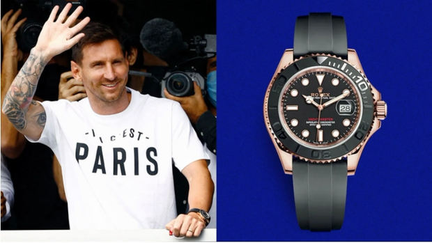 Trong dịp đến Pháp năm 2021 để ký hợp đồng với PSG, Messi đã đeo mẫu đồng hồ Rolex Yacht-Master bằng vàng hồng. Ảnh: Wristenthusiast