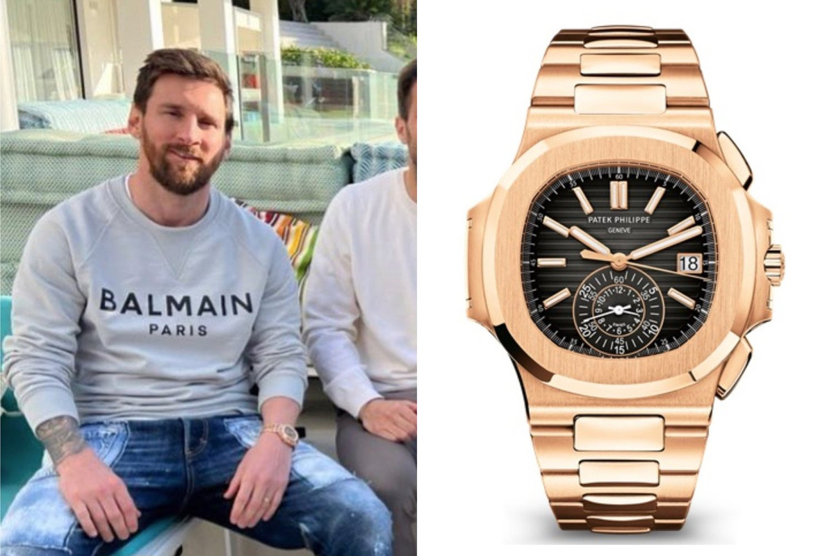Messi đeo chiếc Patek Philippe Nautilus Chronograph bằng vàng hồng 18k có đường kính 40,5 mm giá từ 275.000 USD đến 375.000 USD. Ảnh: Wristenthusiast