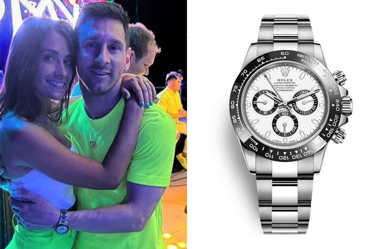 Trong một bài đăng trên Instagram từ tháng 12/2021 với vợ Antonela Roccuzzo, Messi đeo một chiếc Rolex Daytona với viền gốm và mặt số “gấu trúc” màu trắng giá từ 14.550 - 35.000 USD. Ảnh: Wristenthusiast