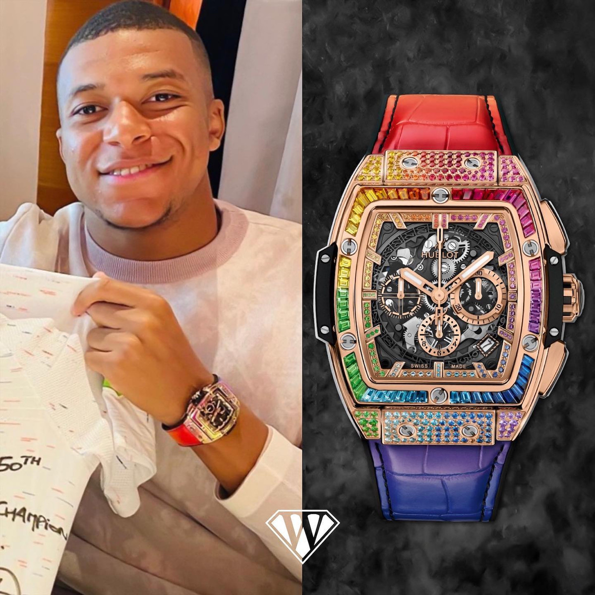 Bên cạnh đó, Mbappe còn là đại sứ cho Hublot - hãng đồng hồ cao cấp đến từ Thụy Sĩ, với bản hợp đồng có thể lên tới 1,1 triệu USD mỗi năm. Ảnh: 9FootballShoes