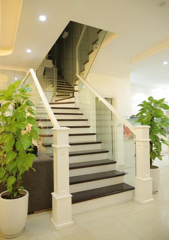 Hai bên cầu thang đuọc nhấn nhá bằng chậu cây xanh. Ảnh: Lao động