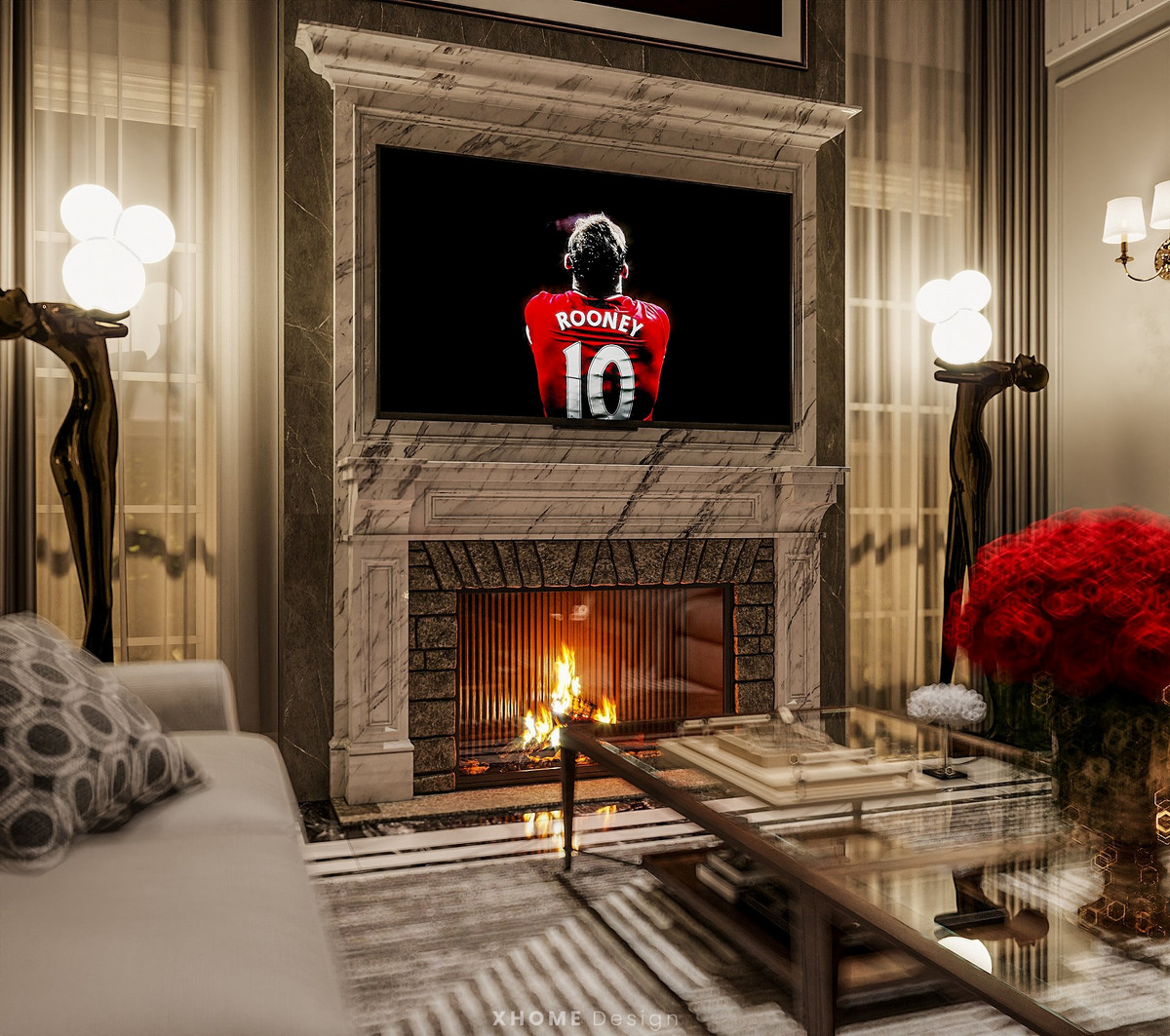 Ngay chính giữa phòng khách là hình ảnh các cầu thủ ngôi sao của làng bóng đá thế giới.