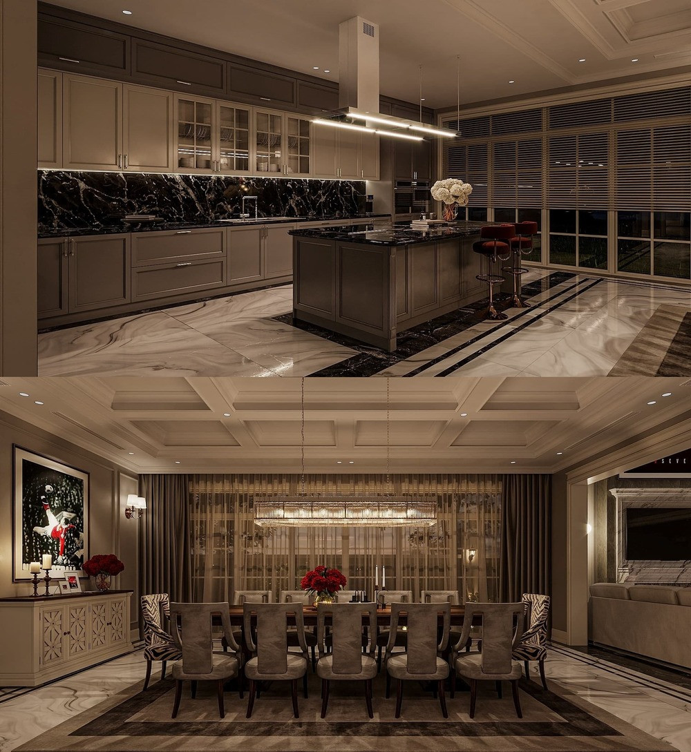 Khu vực bếp rộng rãi với nội thất mang tông màu trùng với màu sơn của căn nhà.