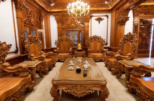 Phòng khách nổi bật với bộ bàn ghế gỗ lim có kích thước "khủng".