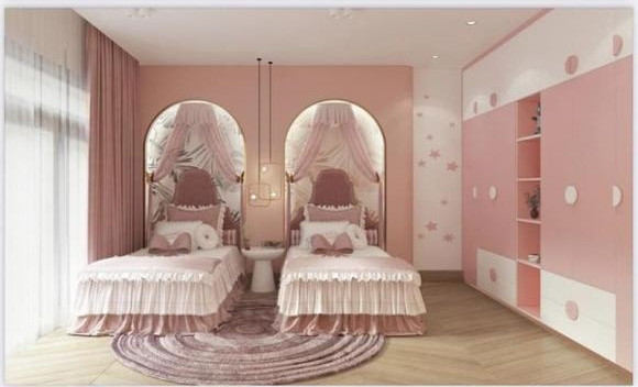 Phòng của hai con gái Dương Ngọc Thái có gam màu hồng đáng yêu. Ảnh: FBNV