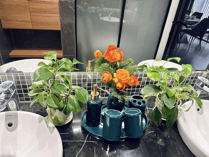 Yêu cây cổ nên Minh Hương trồng thêm nhiều chậu cây cảnh trong nhà tắm.