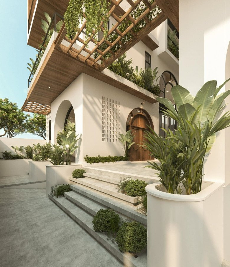 Biệt thự mới của Vân Trang có diện tích lớn, xung quanh nhà và sân thượng phủ đầy cây xanh.