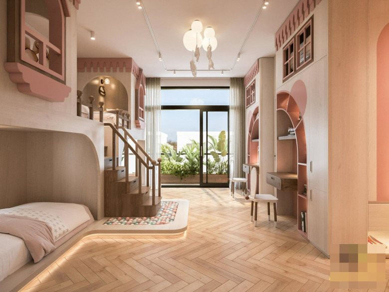 Căn phòng dành cho 3 cô con gái của Vân Trang mang đậm tính "công chúa" với màu hồng chủ đạo.