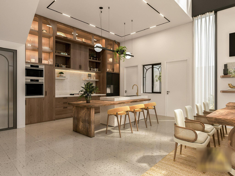 Khu vực bếp và đảo bếp rộng rãi, mang phong cách hiện đại.