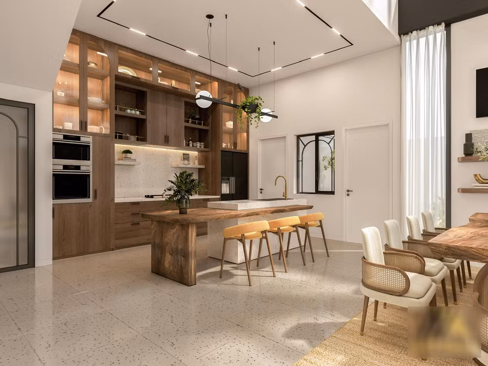 Khu vực bếp và đảo bếp rộng rãi, mang phong cách hiện đại.