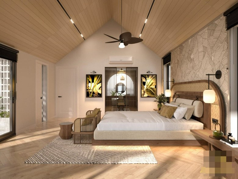 Phòng ngủ của vợ chồng Vân Trang thiết kế đơn giản, có nhiều cửa kính.