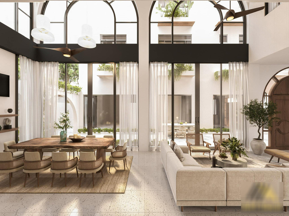 Phòng khách liên kết với bàn ăn, có không gian thoáng đãng.