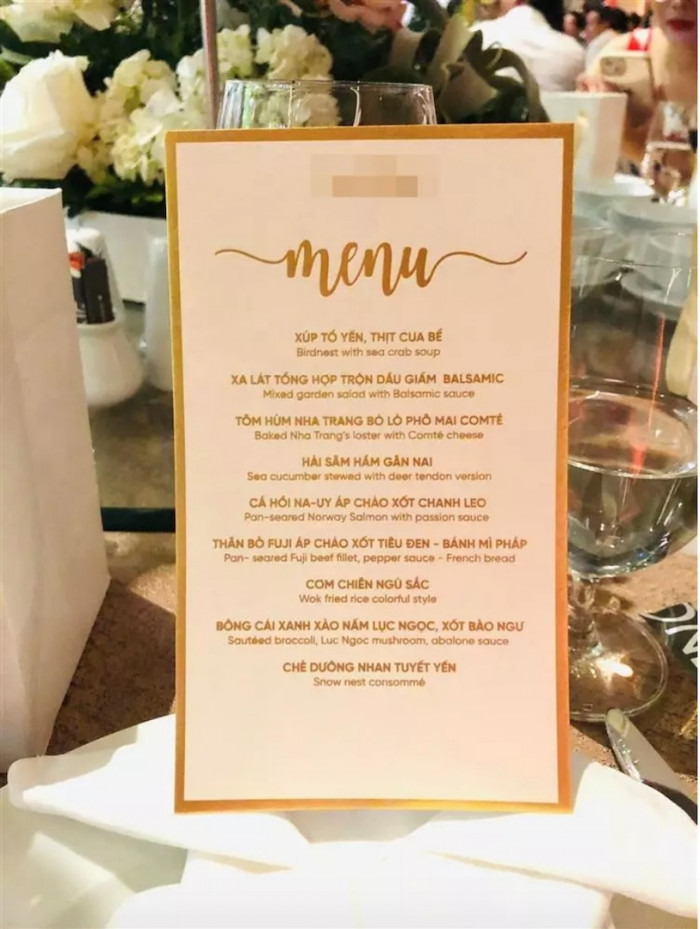 Menu tiệc cưới của Đỗ Mỹ Linh - Đỗ Vinh Quang toàn món sơn hào hải vị, với nguyên liệu là những món đắt tiền đến từ khắp nơi trên thế giới. Ảnh: Báo giao thông