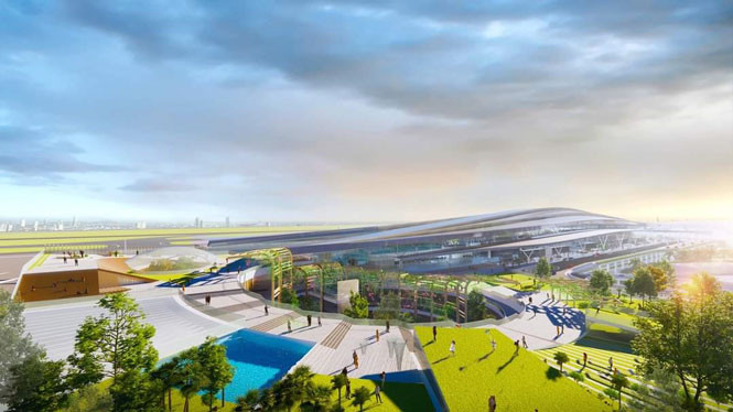 Điểm nhấn của nhà ga T3 Tân Sơn Nhất là khu phức hợp thương mại - văn phòng được thiết kế hướng đến mục tiêu kiến trúc xanh, tích hợp các yếu tố tự nhiên và cảnh quan, tạo nên môi trường thân thiện. Ảnh: ACV