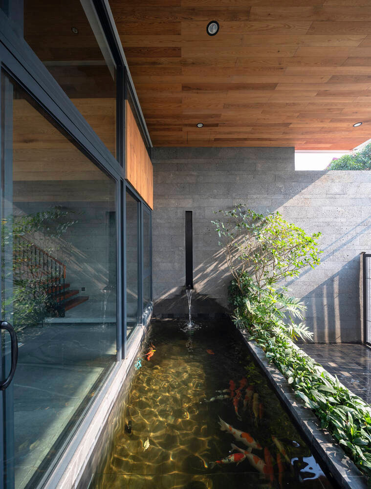 Hồ cá Koi nằm ở tầng 1 vừa thoả mãn sở thích của gia chủ, đồng thời đem hơi nước mát lành vào bên trong ngôi nhà.