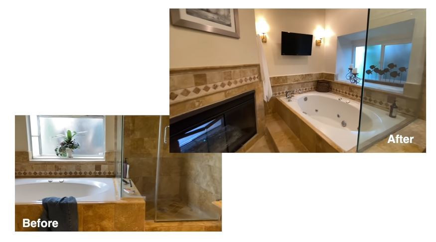 Trong phòng tắm, Kỳ Duyên thay đổi khung cửa sổ để tạo cảm giác thoáng hơn, đồng thời đặt thêm màn hình TV để có thể thư giãn khi tắm.