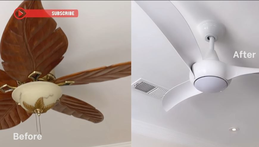 Chiếc quạt trần với cánh bằng gỗ nặng nề được thay bằng chiếc quạt màu trắng, gắn sát trần để tạo không gian rộng.