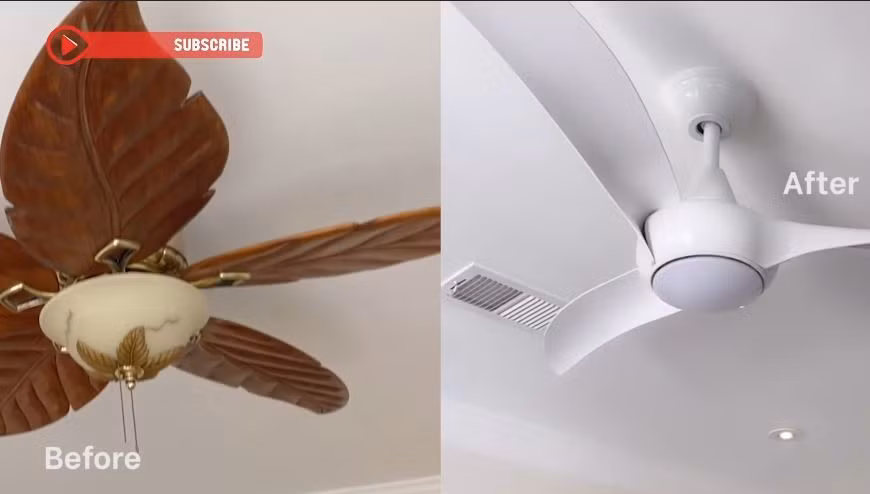 Chiếc quạt trần với cánh bằng gỗ nặng nề được thay bằng chiếc quạt màu trắng, gắn sát trần để tạo không gian rộng.