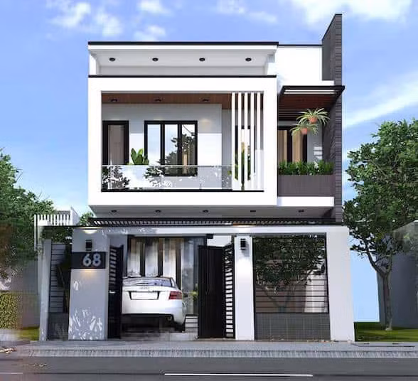 Mẫu nhà phố 2 tầng tối giản các chi tiết trang trí, có sân rộng để xe. Ảnh: Nhaphodongnai